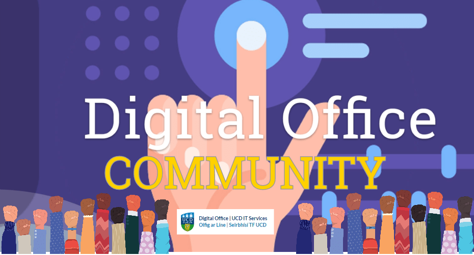 Digital Office Community in large text over a background of one large hand selecting a button and smaller hands up on the bottom